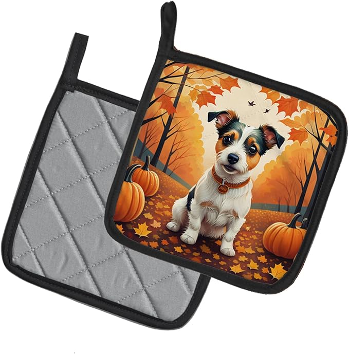 Caroline's Treasures DAC1051PTHD Jack Russell Terrier Fall Pair of Pot Holders Kitchen Heat Resistant Pot Holders Sets Oven Hot Pads for Cooking Baking BBQ, 7 1/2 x 7 1/2