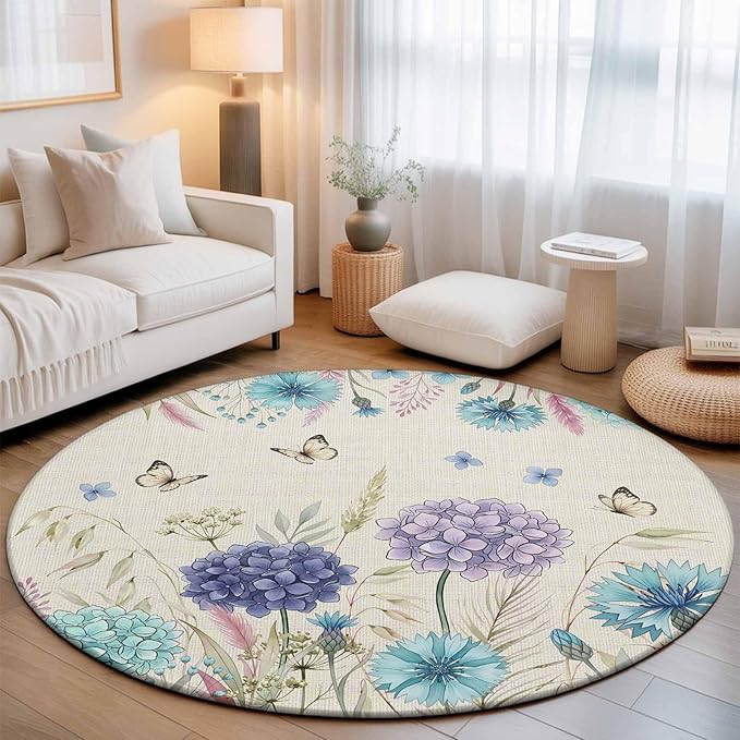 Washable Round Area Rug Farm Blossom Floral Hydrangea Circle Rugs Floor Carpet for Living Room Bedroom, Watercolor Butterfly on Linen Soft Non Slip Round Rug 5ft