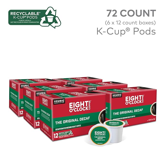 Eight O'Clock Coffee The Original Decaf, Single-Serve Coffee K-Cup Pods, Medium Roast, 12 Count (Pack of 6)