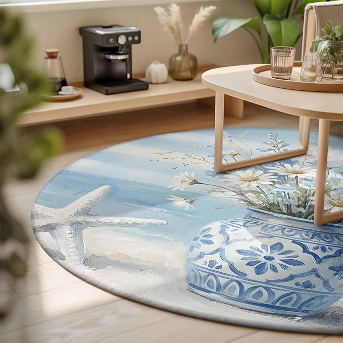 Washable Round Area Rug Summer Beach Starfish Flower Circle Rugs Floor Carpet for Living Room Bedroom, Marine Theme Daisy Vase Soft Non Slip Round Rug 3ft