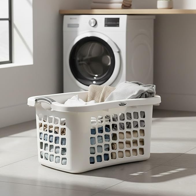 Redmon Comfort Grip Clothes Basket, Durable Plastic Laundry Storage with Ergonomic 3 Side Handles and Vented Design for Easy Carrying, White