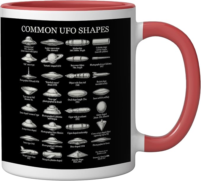 Common UFO Shapes Vintage Chart Alien Flying Saucer Ceramic Mug, Red/White