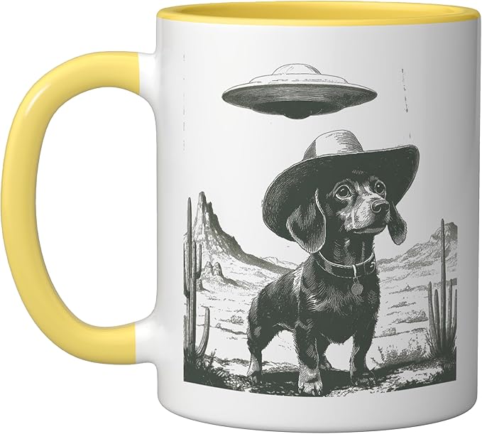 Funny Dachshund Cowboy Alien UFO Desert Dog Ceramic Mug, Yellow/White