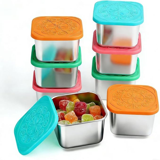 6 oz Stainless Steel Snack Containers with Lids - 8 Pack Meal Prep Lunch Boxes, LeakProof Metal Snack Containers, Stackable Dip Cups for Fruit, Cookie, Candy, Sauce
