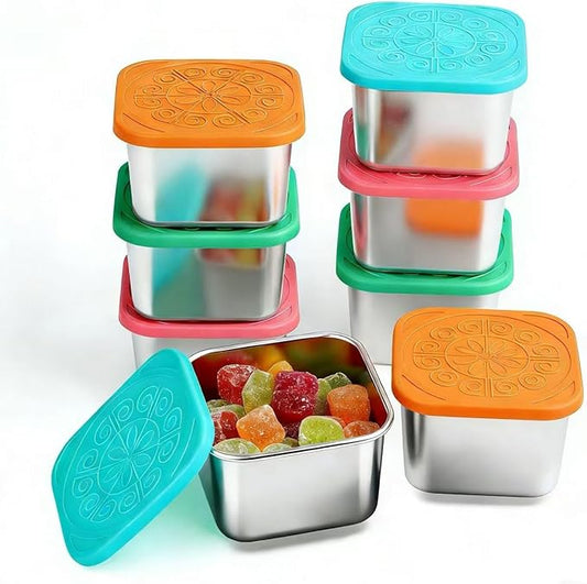 6 oz Stainless Steel Snack Containers with Lids - 8 Pack Meal Prep Lunch Boxes, LeakProof Metal Snack Containers, Stackable Dip Cups for Fruit, Cookie, Candy, Sauce