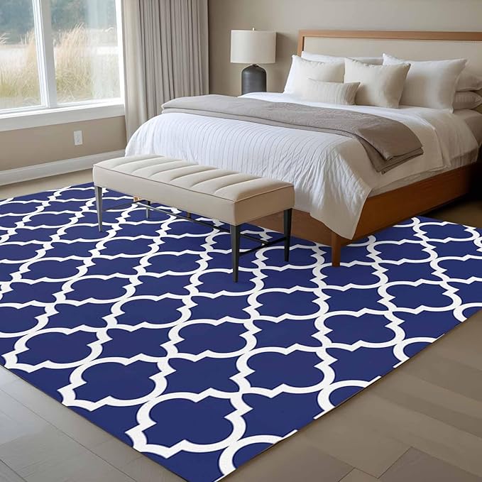 Area Rug 6x9ft, Navy Blue Moroccan Plaid Washable Rugs for Living Room Bedroom, White Line Buffalo Lattice Soft Non-Slip Area Rugs Rectangle Floor Carpet for Dining Room