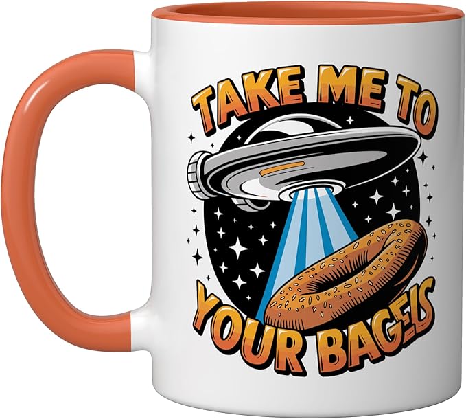 Take Me to Your Bagels UFO Abduction Jewish Funny Bagel Ceramic Mug, Orange/White