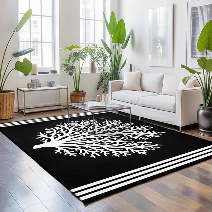 Area Rug 3x5ft, Coastal Coral Reef Texture Washable Rugs for Living Room Bedroom, Ocean Theme Black White Soft Non-Slip Area Rugs Rectangle Floor Carpet for Dining Room