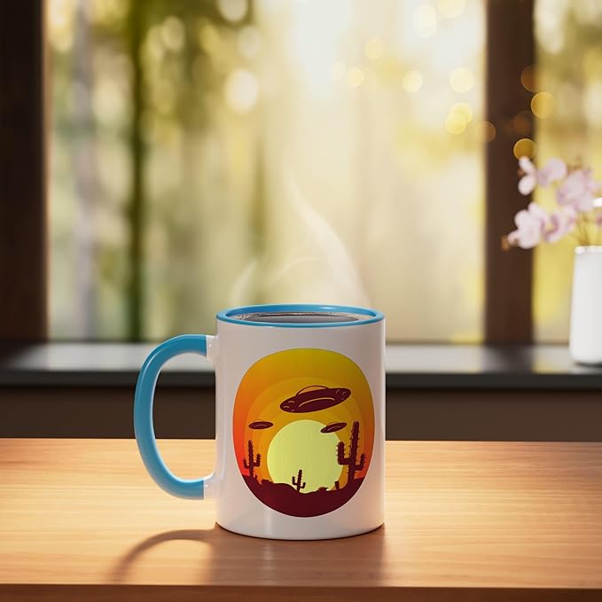 UFO Alien Abduction Conspiracy Vintage Nevada Desert Sunset Ceramic Mug, Blue/White