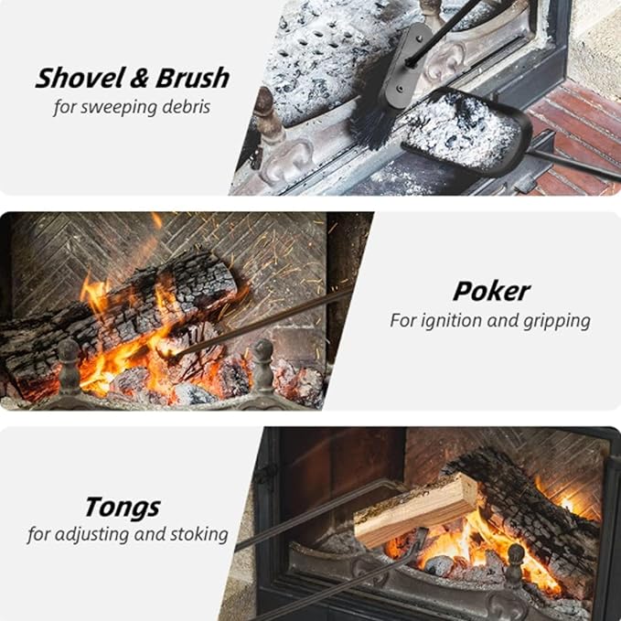Heavy Duty Fireplace Tools Set Indoor with 31.5inch Holder - 23.6inch Extra Long Brush, Poker, Shovel & Hook - Premium Metal Fireplace Accessories Kit in Black or Bronze (Black)