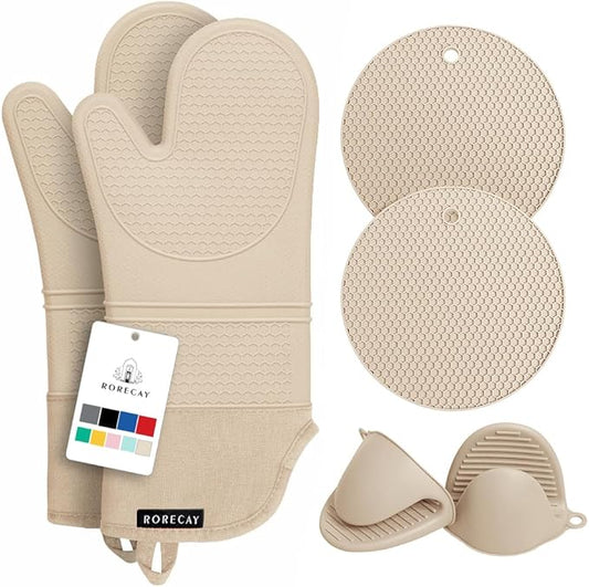 Rorecay Oven Mitts and Pot Holders Sets 6pcs, Extra Long Kitchen Silicone Oven Gloves High Heat Resistant 500 Degrees Non-Slip Potholders Hot Pads for Baking Cooking, Milkshake