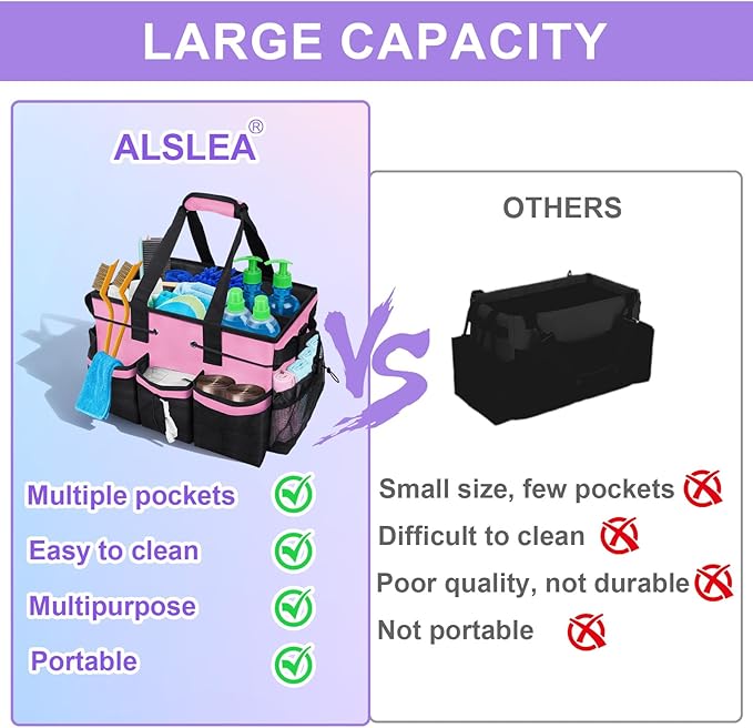 ALSLEA Cleaning Caddy Bag Heavy-Duty Organizer Tote for Housekeepers, Janitors & Home Cleaning Supplies with Adjustable Shoulder Strap & Multiple Pockets (Pink)