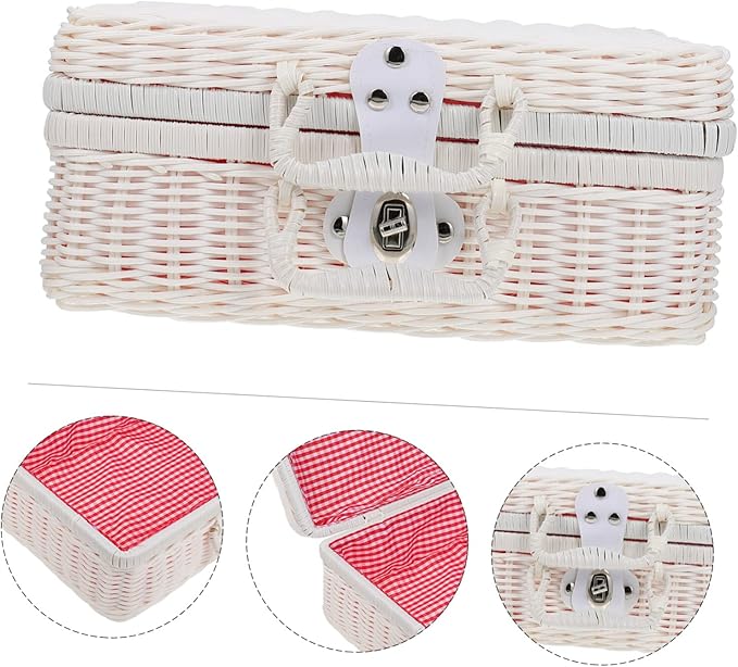 COLLBATH Simulated Rattan Woven Storage Box with Lid Handwoven Decorative Suitcase for Organizing Clothes Toys and Accessories Vintage Wicker Storage Basket for Home Decor