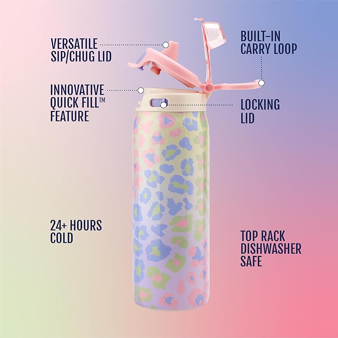 Ello Pop & Fill 18oz Stainless Steel Kids Water Bottle with Quick Fill Lid | Vacuum Insulated BPA Free Bottle with Leak Proof Straw and Chug Lid, Dishwasher Safe, Gift For Kids Teens, Cheetah