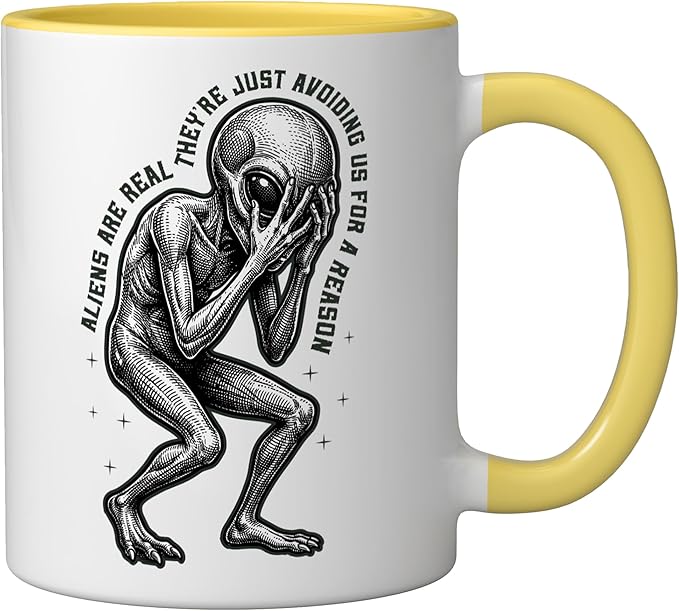 Aliens UFO Space Sci Fi Believer Extraterrestrial Ceramic Mug, Yellow/White