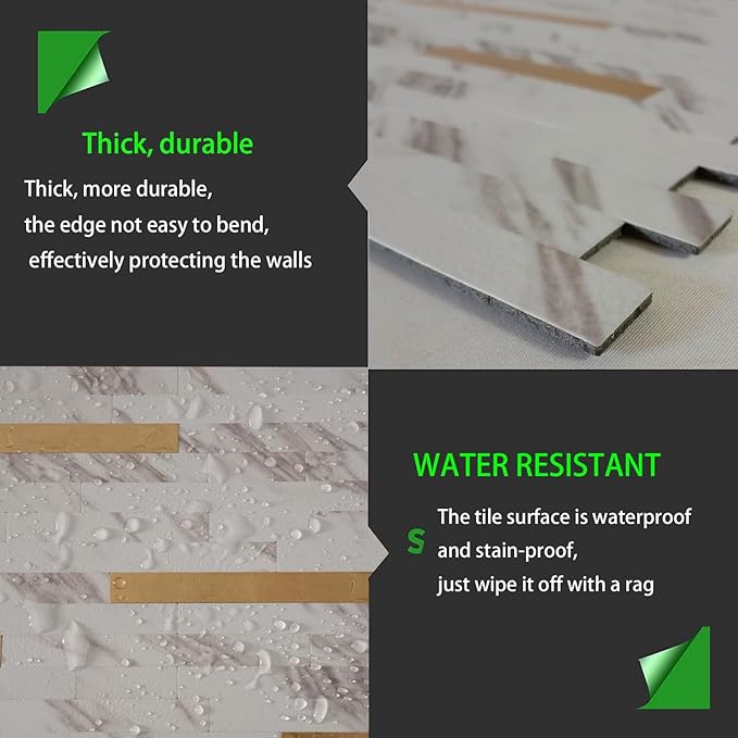 10-Sheet Peel and Stick Backsplash Tile, PVC Mixed Metal Stick on Kitchen, Bathroom Vanities, Fireplace Décor, Laundry Table (White Marble + Golden-2)