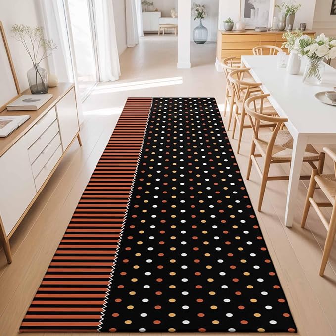 Runner Rug for Bedroom Hallway, Halloween Polka Dots Orange Stripes Kitchen Runner Rugs Area Rug 2x6ft, Seamless Dot on Black Washable Soft Floor Carpet for Entryway Stair