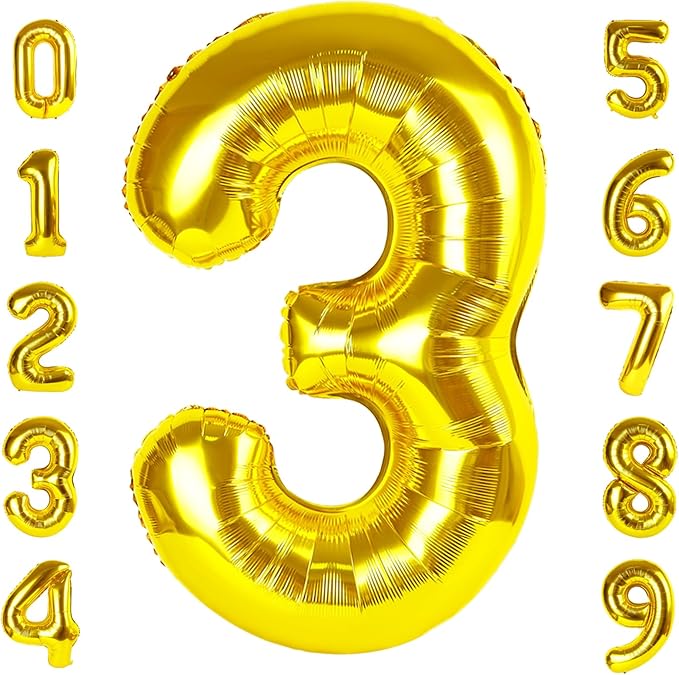 Numbers Balloon 3, 40 Inch Gold Balloon for Three Year Old Birthday Decor, 3 13 30 31 Birthday Party Decorations for Wedding Graduation Engagement