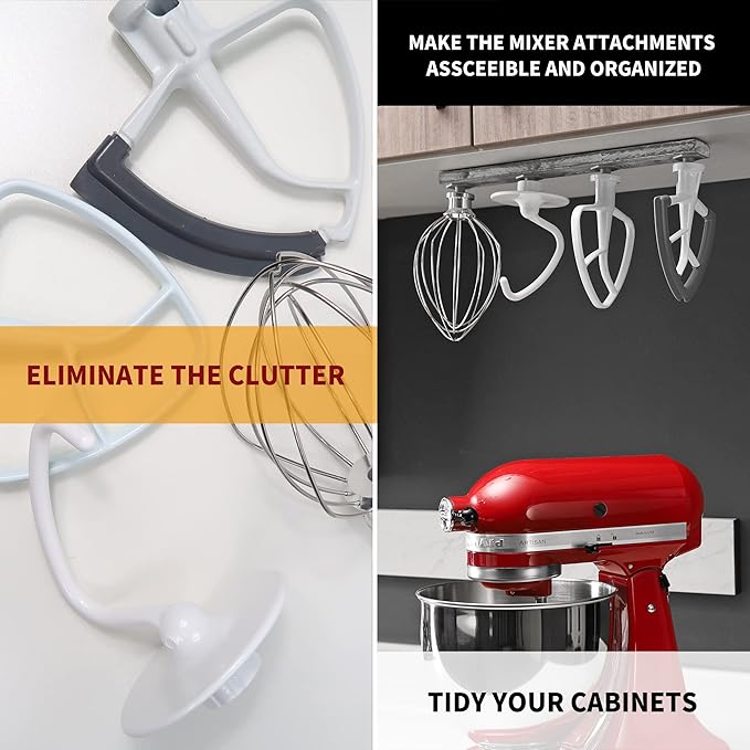 Stand Mixer Attachment Holder, Wooden Wall Mounted Holder with 4-Pack Plastic Hangers, Kitchen Accessories Storage Organizer Parts Compatible with Kitchenaid Mixer Attachments for Space-saving