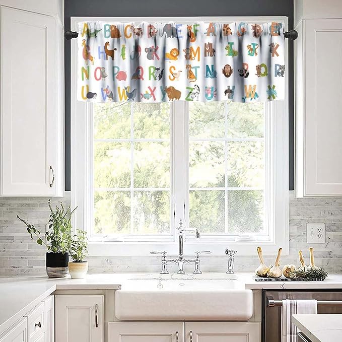 Alphabet ABC Valance Curtain, Cute Cartoon Animals Educational Tool Small Window Drapes for Kitchen Bedroom Nursery Classroom Decor, 54x18Inch