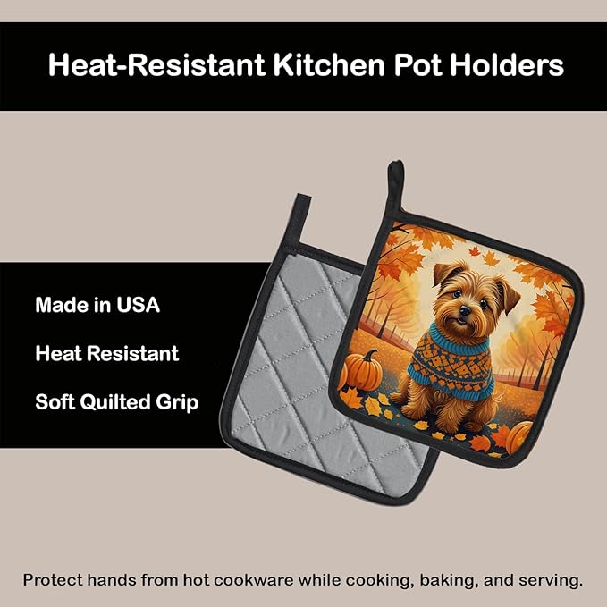 Caroline's Treasures DAC1060PTHD Norfolk Terrier Fall Pair of Pot Holders Kitchen Heat Resistant Pot Holders Sets Oven Hot Pads for Cooking Baking BBQ, 7 1/2 x 7 1/2