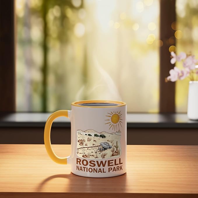 Roswell National Park UFO Flying Saucer Crash 1947 UAP Alien Ceramic Mug, Yellow/White