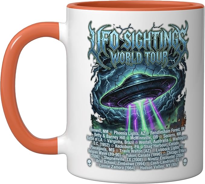 Vintage UFO Sightings World-Tour Cool-Looking Heavy-Metal Ceramic Mug, Orange/White