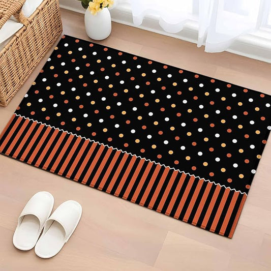 Area Rug 2x3ft, Halloween Polka Dots Orange Stripes Washable Rugs for Living Room Bedroom, Seamless Dot on Black Soft Non-Slip Area Rugs Rectangle Floor Carpet for Dining Room