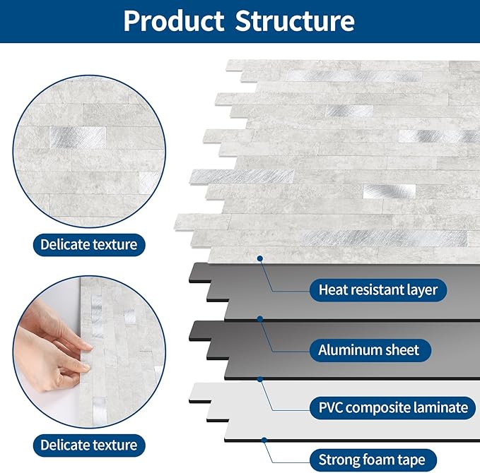 20 - Sheet Peel and Stick Backsplash Wall Tile, PVC Kitchen Backsplash, Stick on Tiles for Backsplash Kitchen (12'' X 12'', White Gray)