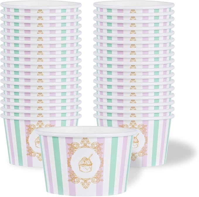 Coppetta 8 Ounce Dessert Cups, 50 Greaseproof Ice Cream Cups - Lids Sold Separately, For Hot And Cold Foods, Purple And Blue Stripe Paper Yogurt Bowls, Disposable, Sturdy - Restaurantware