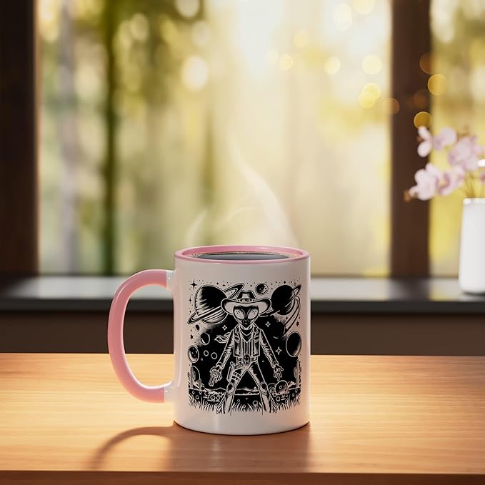 Alien Lover Flying Saucer UFO Extraterrestrial Cowboy Ceramic Mug, Pink/White