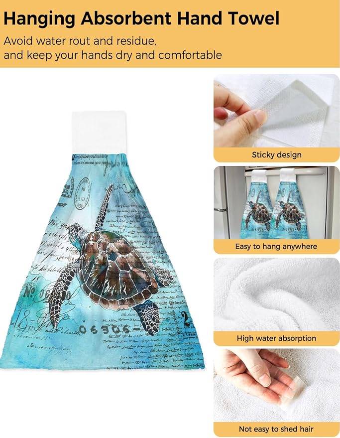 Alandar Home Kitchen Tie Towel Set of 1, Summer Watercolor Ocean Turtle Absorbent Soft Hand Towels for Bathroom Hanging Towels, Retro Stamp Letter Texture on Blue Fast Drying Cleaning Cloth with Loop