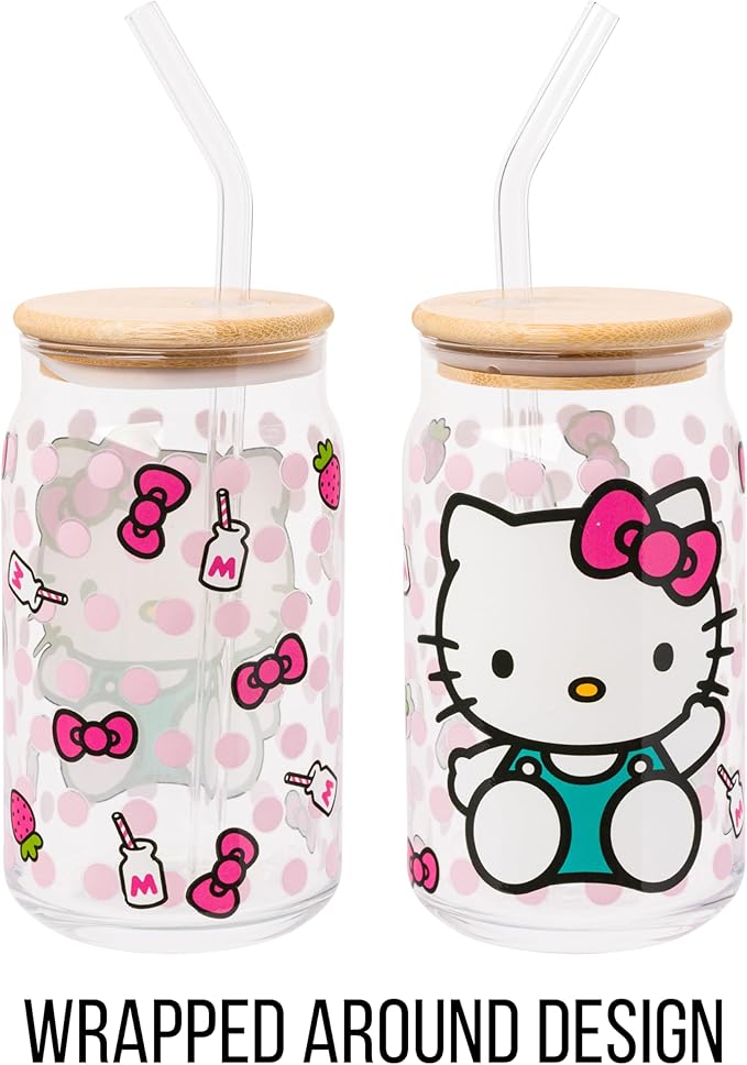 Silver Buffalo Sanrio Hello Kitty Strawberry Milk Bow Pink Polka Dot Glass Jar Tumbler with Bamboo Lid and Glass Straw, 16 Ounces (Pack of 12)