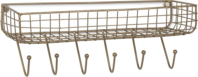 Abbott Collection Wall Basket Shelf with 6 Hooks - Metal, Dark Antique Brass (16"W)