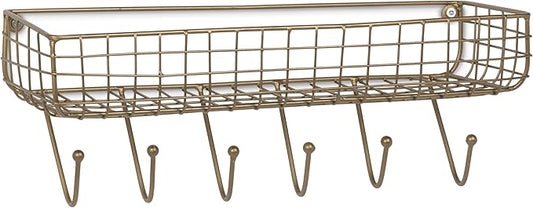 Abbott Collection Wall Basket Shelf with 6 Hooks - Metal, Dark Antique Brass (16"W)