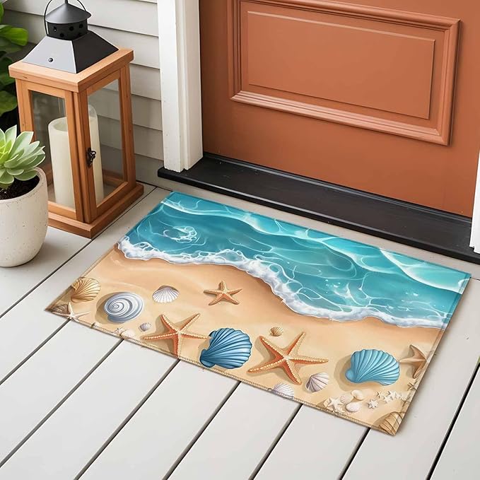 Area Rug 2x3ft, Summer Beach Shell Starfish Washable Rugs for Living Room Bedroom, Marine Life Cartoon Style Soft Non-Slip Area Rugs Rectangle Floor Carpet for Dining Room