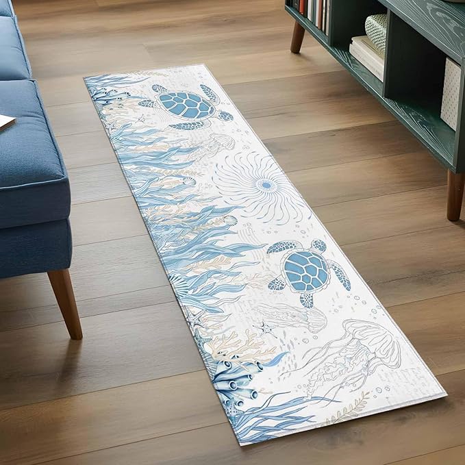 Runner Rug for Bedroom Hallway, Blue Sea Turtles Stars Corals Kitchen Runner Rugs Area Rug 2x6ft, Vintage Marine Life Washable Soft Floor Carpet for Entryway Stair