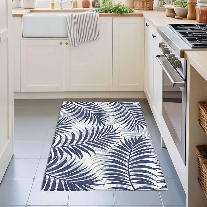 Area Rug 2x3ft, Abstract Navy Blue Palms Leaves Washable Rugs for Living Room Bedroom, Summer Botantical Soft Non-Slip Area Rugs Rectangle Floor Carpet for Dining Room