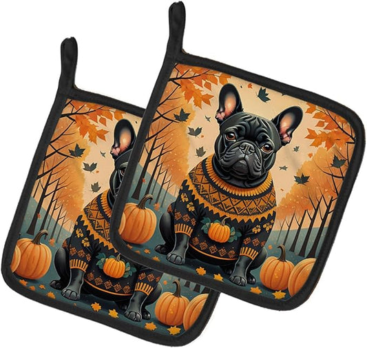 Caroline's Treasures DAC1045PTHD Black French Bulldog Fall Pair of Pot Holders Kitchen Heat Resistant Pot Holders Sets Oven Hot Pads for Cooking Baking BBQ, 7 1/2 x 7 1/2