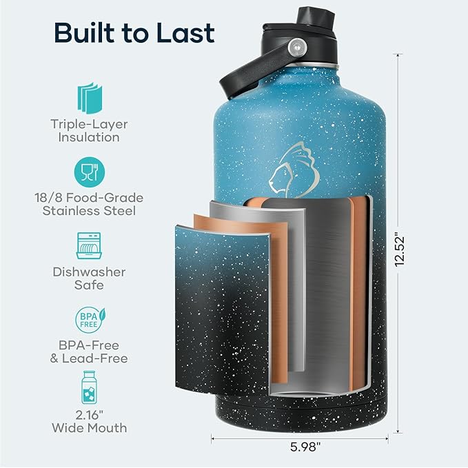BUZIO 1 Gallon Water Jug with Straw Lid, 128oz Water Bottle Stainless Steel Triple Wall Hydro Jug 18/8 Food Grade Thermo Mug Keep Cold 48H & Hot 24H, Dappled Navy Black