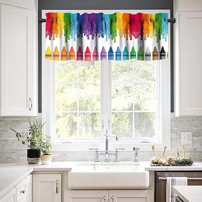 Colorful Crayon Valance, Kids Rainbow Colour Pigment Splash Oil Painting Art Window Treatment for Kitchen Dining Room Bedroom Nursery Classroom, 54x18Inch
