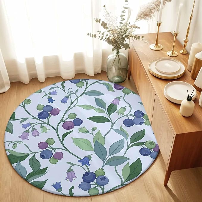 Washable Round Area Rug Blueberries Bell Flowers Circle Rugs Floor Carpet for Living Room Bedroom, Modern Watercolor Plants Soft Non Slip Round Rug 5ft
