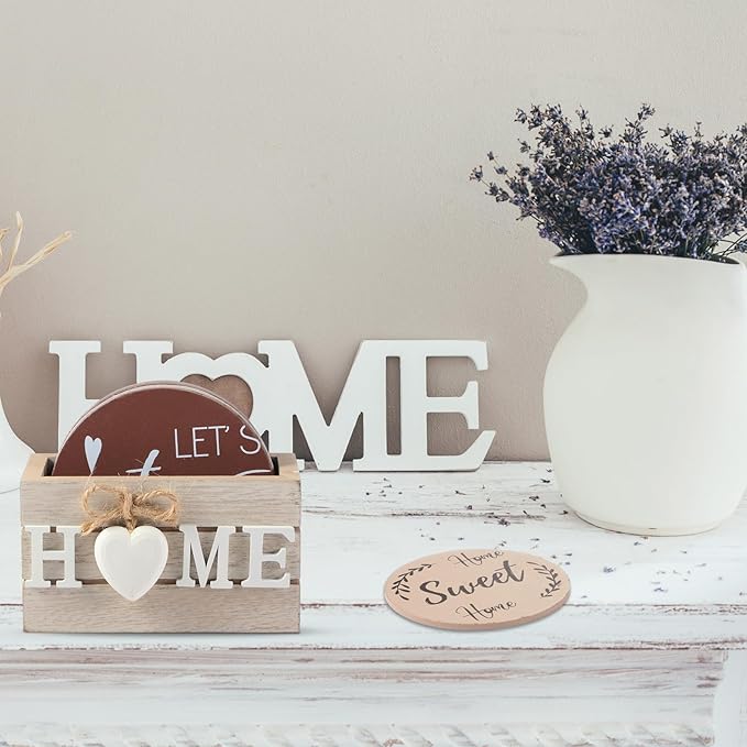 Queekay Coasters Set of 6 House Warming Gifts New Home Wooden Farmhouse Drink Coasters with Holder 4'' Funny Decoration for Kitchen Family Coffee Bar Tabletop Protection(Light Brown)