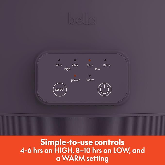 bella 6.0 Qt Programmable Slow Cooker, Ceramic Nonstick Coating, Adjustable Temperature & Cooking Times, Dishwasher Safe Stoneware Pot & Tempered Glass Lid, Tangle Free Cord Wrap, Plum