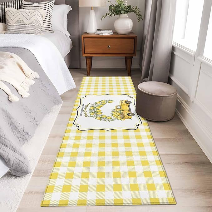 Runner Rug for Bedroom Hallway, Farm Yellow Truck Lemon Fruit Kitchen Runner Rugs Area Rug 2x6ft, Flower Leaves Buffalo Plaid Washable Soft Floor Carpet for Entryway Stair