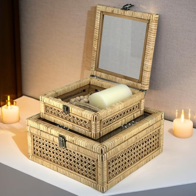 HUAXIN CRAFT H Rattan Square Box with Lid - Set of 2 Wicker Decorative Bins with Glass Cover for Display