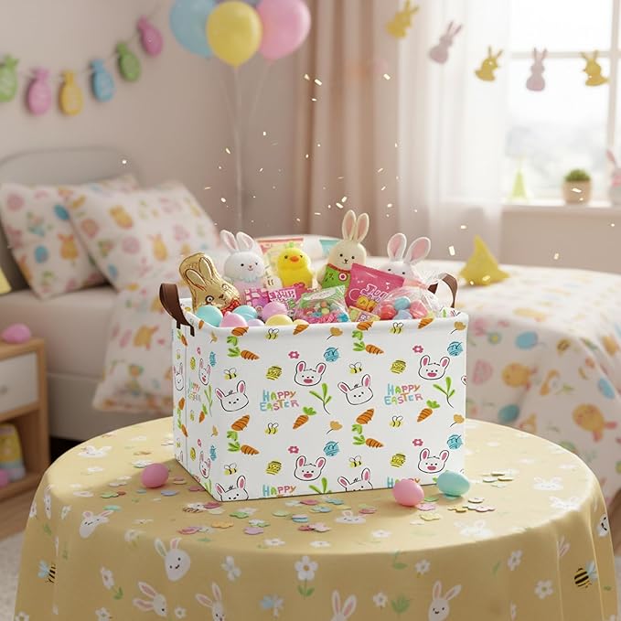Large Rectangular Cute Kid Easter Basket Empty Bunny Eggs Easter Basket Gift Spring Room Storage Organizer Décor (E-12)