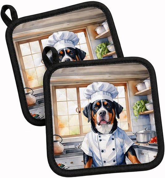 Caroline's Treasures Greater Swiss Mountain Dog The Chef Pair of Pot Holders Kitchen Heat Resistant Pot Holders Sets Oven Hot Pads for Cooking Baking BBQ, 7 1/2 x 7 1/2
