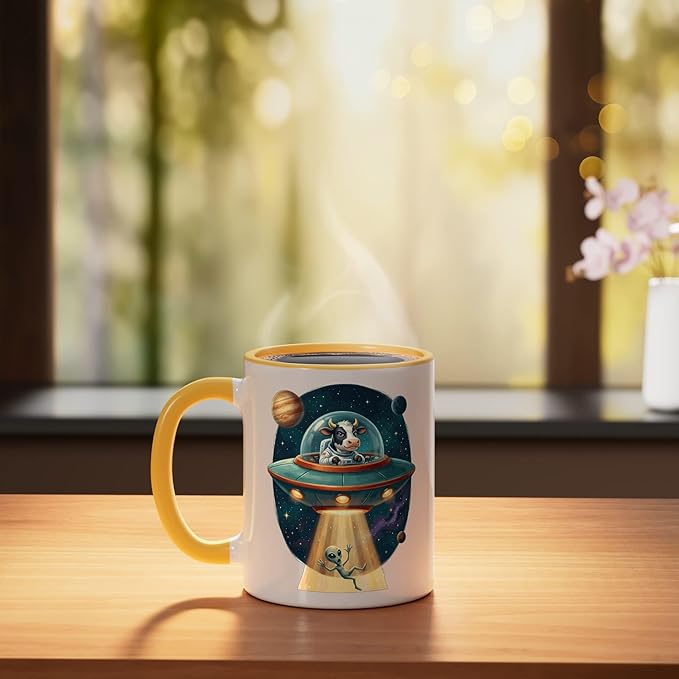Funny Cow Astronaut UFO Abducting Alien Space Graphic Ceramic Mug, Yellow/White