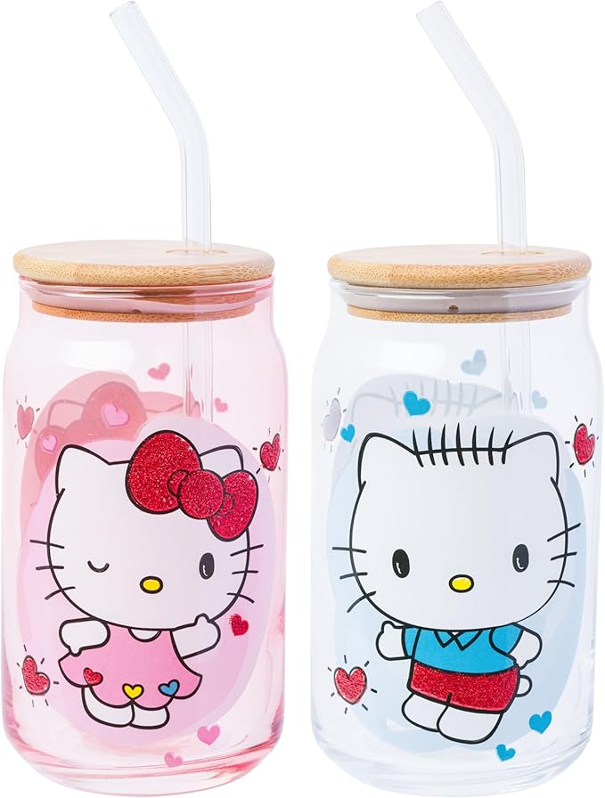Silver Buffalo Sanrio Hello Kitty and Friends Glitter 2 Pack Glass Tumbler with Bamboo Lid and Glass Straw Set Featuring Hello Kitty and Dear Daniel, 16 Ounces